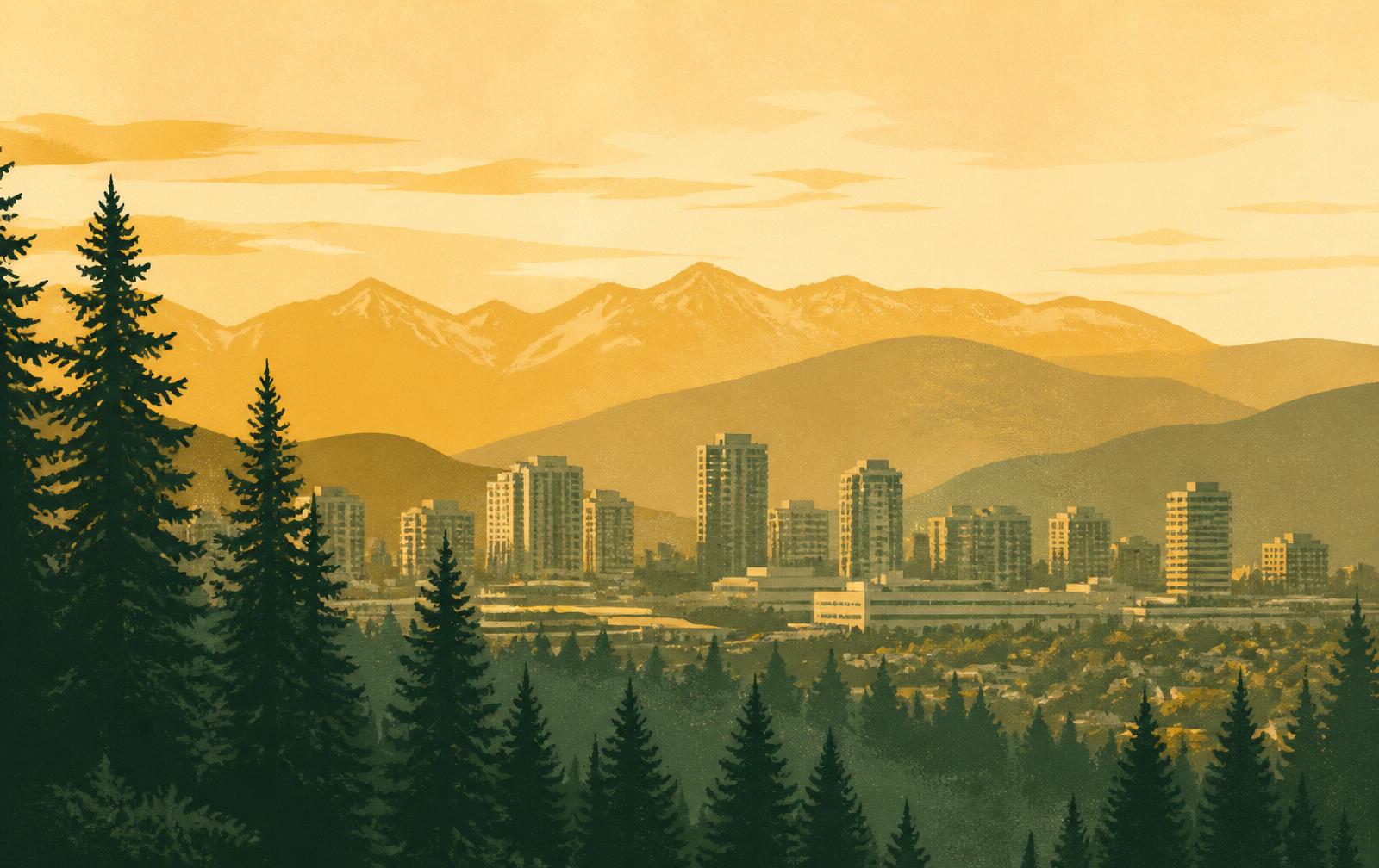 Illustration of the Burnaby skyline at golden hour with the Coast Mountains behind and evergreens in the foreground