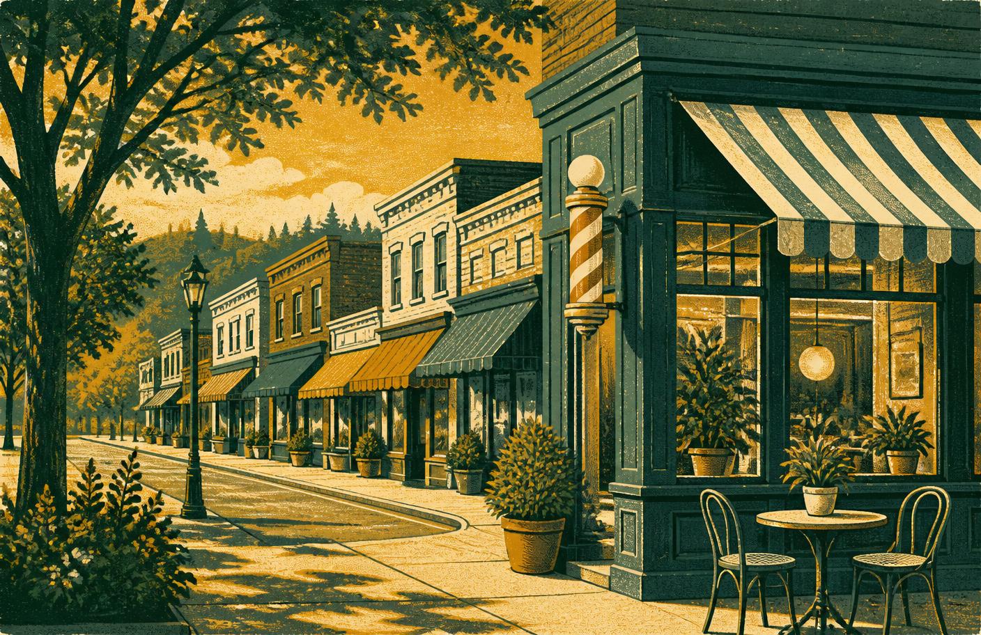 Illustration of a Burnaby neighbourhood shopping street with small storefronts